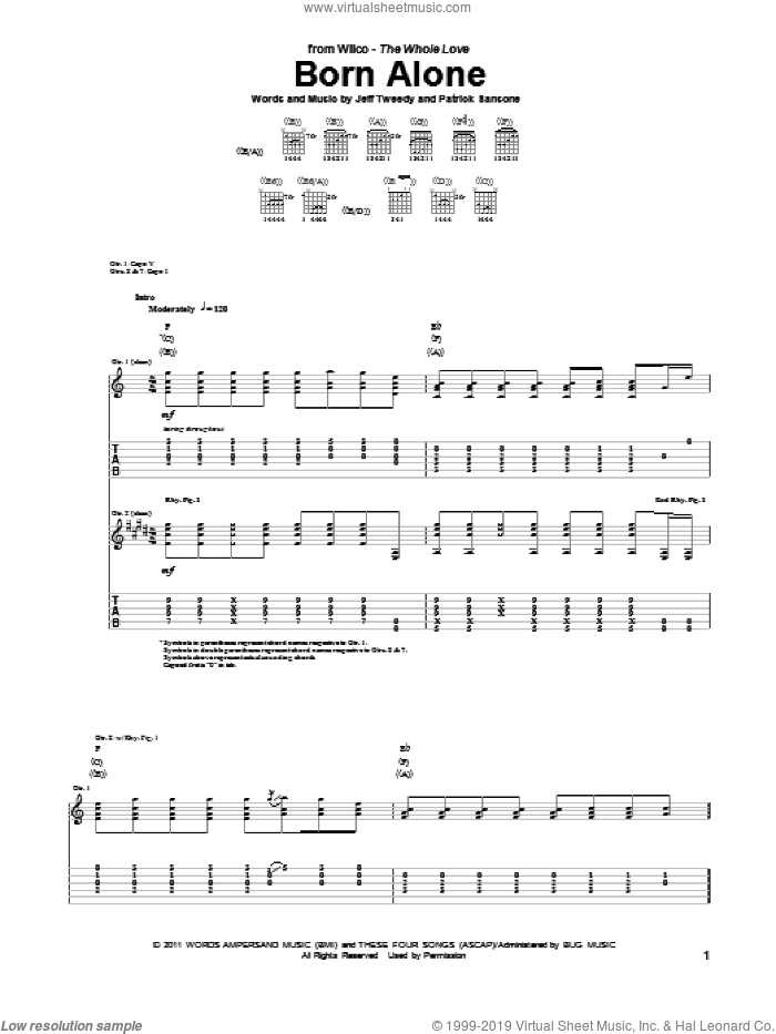 Born Alone sheet music for guitar (tablature) by Wilco, intermediate skill level