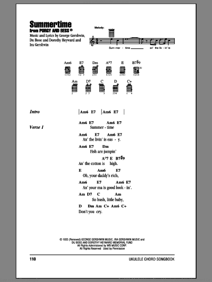 Summertime sheet music for ukulele (chords) by George Gershwin and Ira Gershwin, intermediate skill level