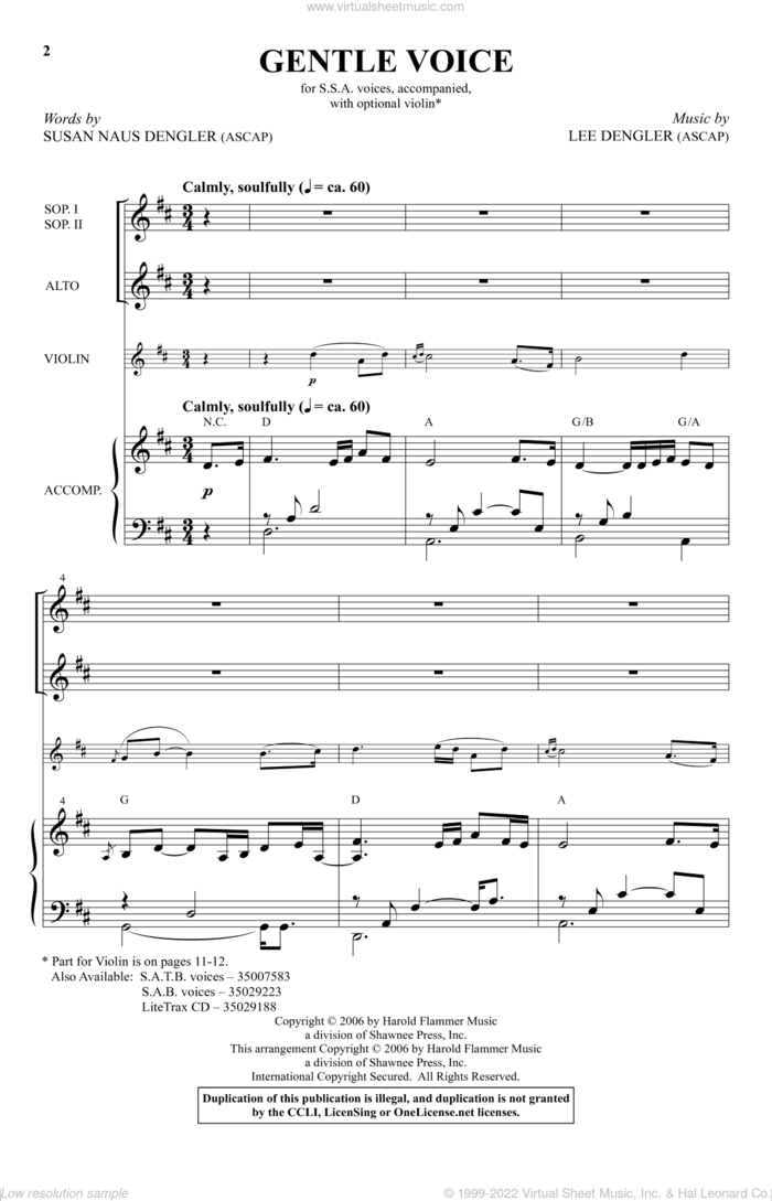 Gentle Voice sheet music for choir (SSA: soprano, alto) by Lee Dengler and Susan Dengler, intermediate skill level