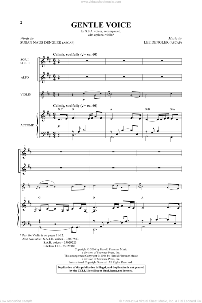 Gentle Voice sheet music for choir (SSA: soprano, alto) by Lee Dengler and Susan Dengler, intermediate skill level