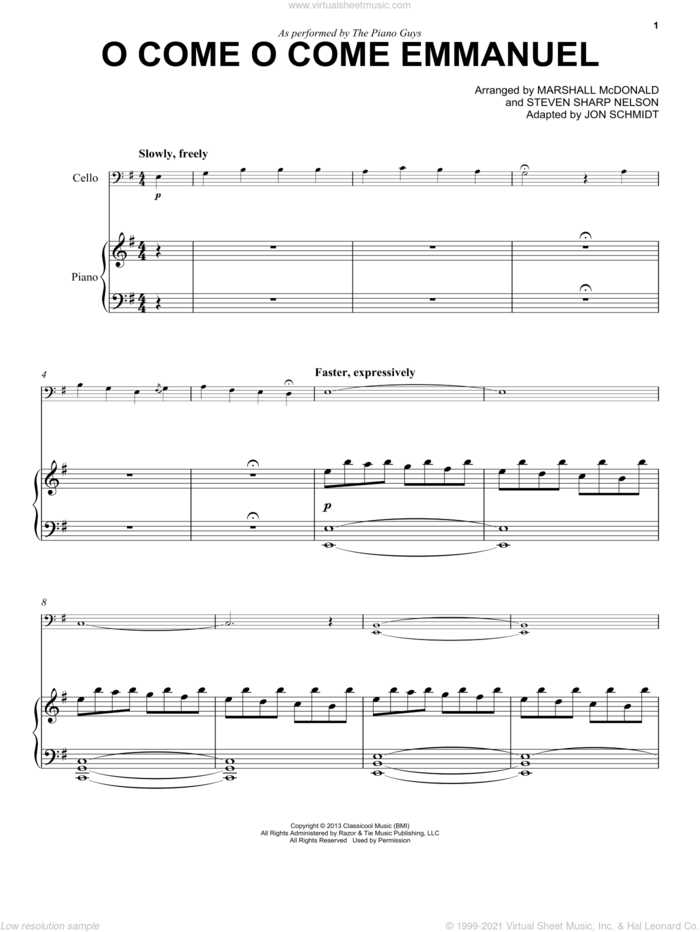 O Come O Come Emmanuel sheet music for cello and piano by The Piano Guys, intermediate skill level