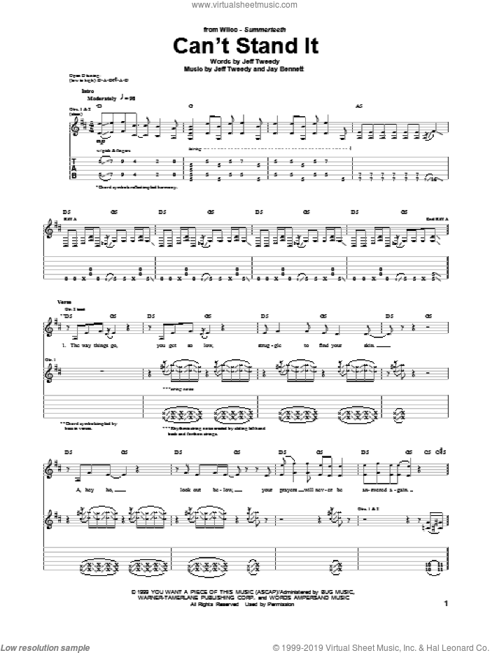 Can't Stand It sheet music for guitar (tablature) by Wilco, intermediate skill level