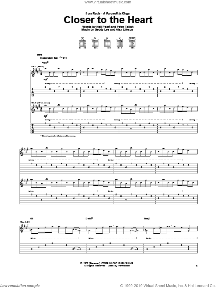Closer To The Heart sheet music for guitar (tablature) by Rush, intermediate skill level