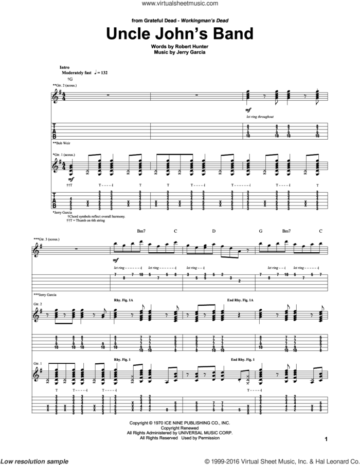 Uncle John's Band sheet music for guitar (tablature) by Grateful Dead, intermediate skill level