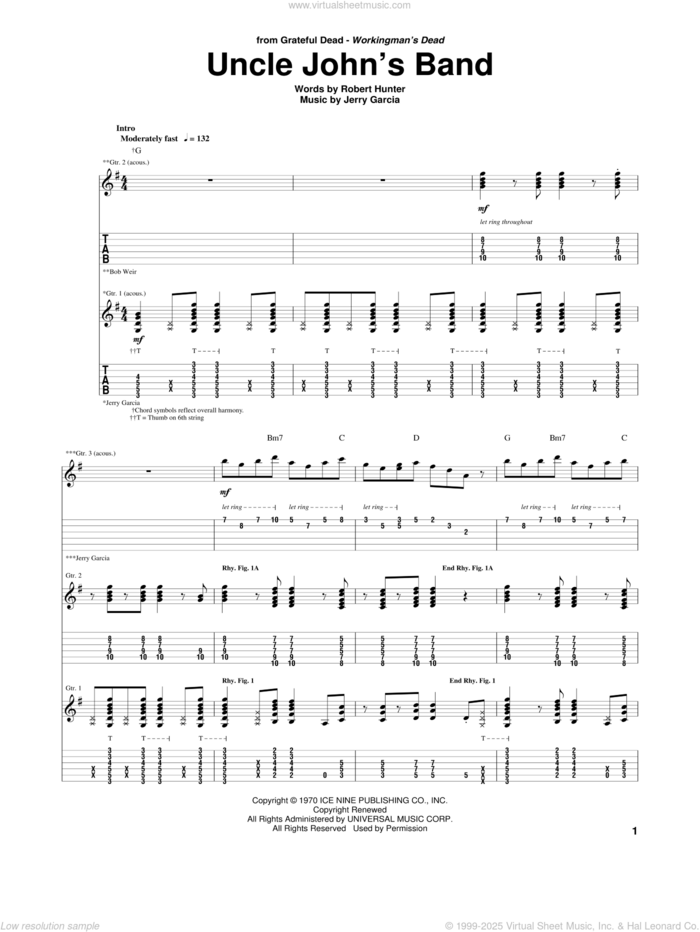 Uncle John's Band sheet music for guitar (tablature) by Grateful Dead, intermediate skill level