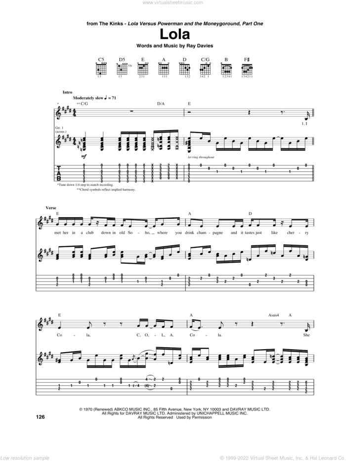 Lola sheet music for guitar (tablature) by The Kinks, intermediate skill level