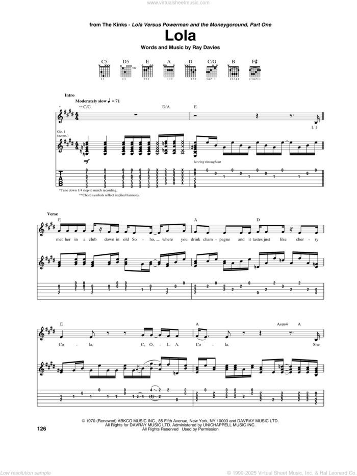 Lola sheet music for guitar (tablature) by The Kinks, intermediate skill level