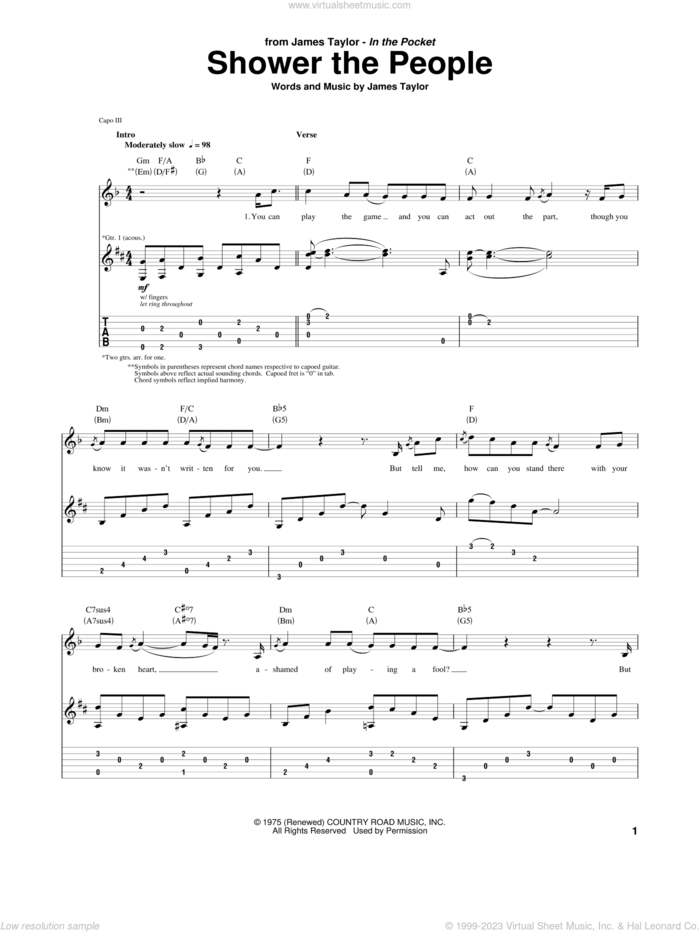 Shower The People sheet music for guitar (tablature) by James Taylor, intermediate skill level