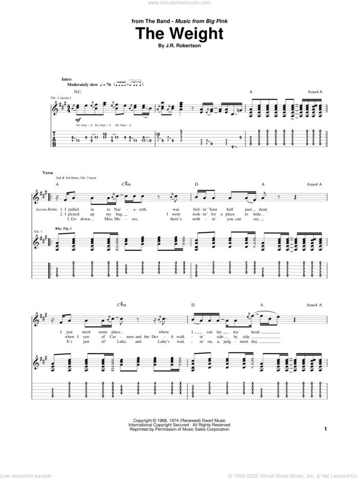 The Weight sheet music for guitar (tablature) by The Band, intermediate skill level
