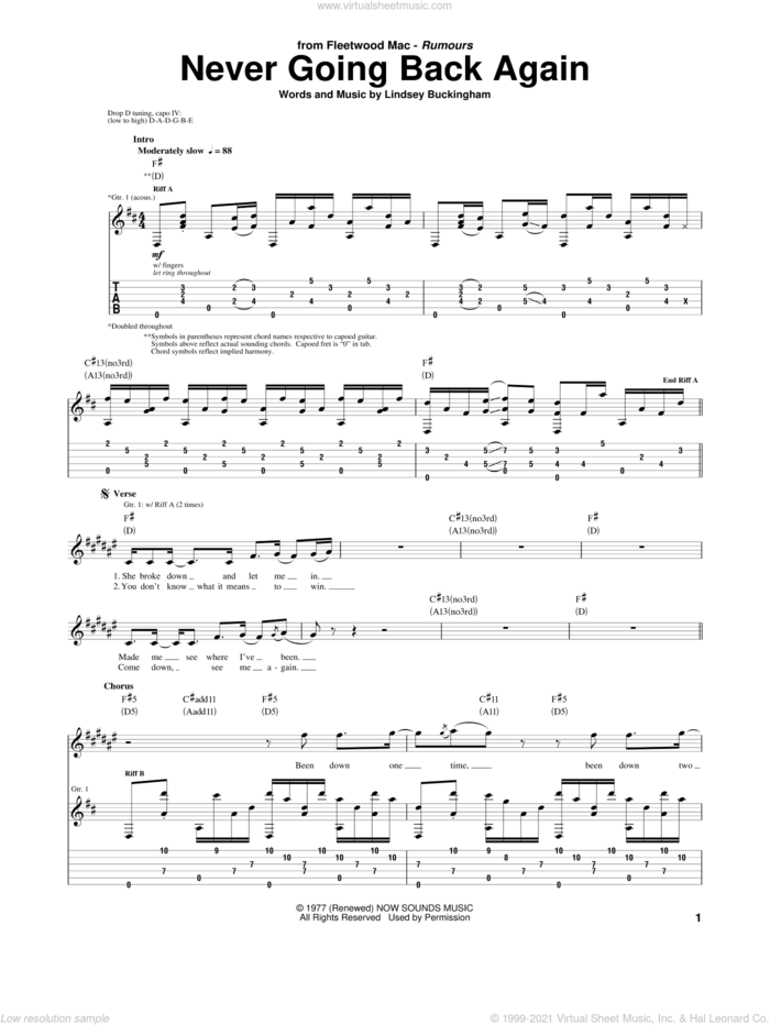 Never Going Back Again sheet music for guitar (tablature) by Fleetwood Mac, intermediate skill level