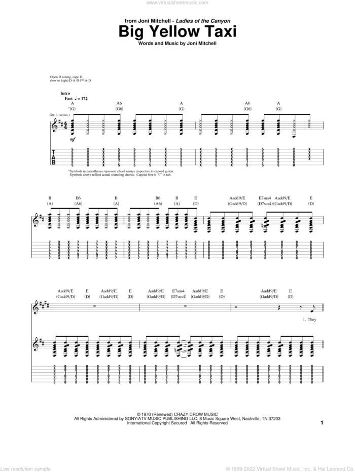 Big Yellow Taxi sheet music for guitar (tablature) by Joni Mitchell, intermediate skill level