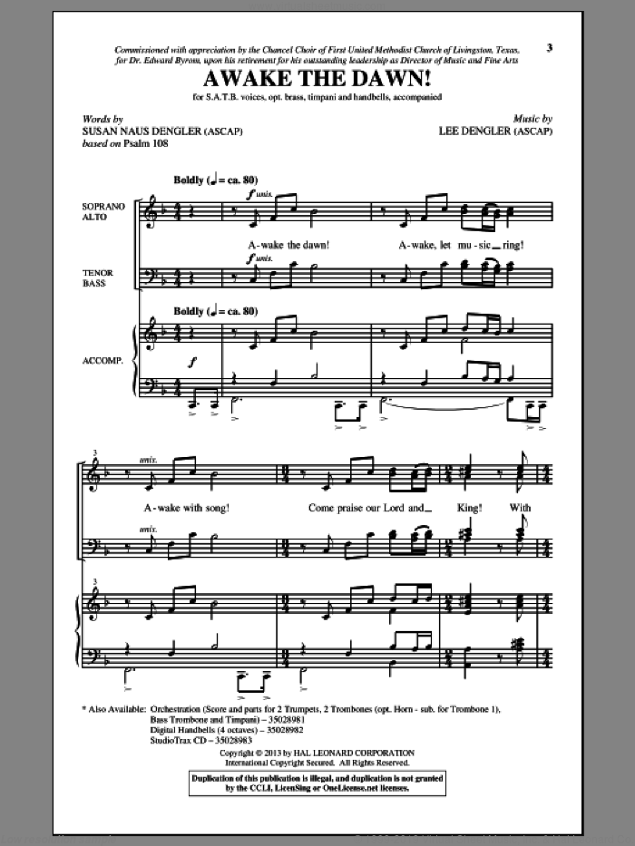 Awake The Dawn! sheet music for choir (SATB: soprano, alto, tenor, bass) by Lee Dengler and Susan Naus Dengler, intermediate skill level