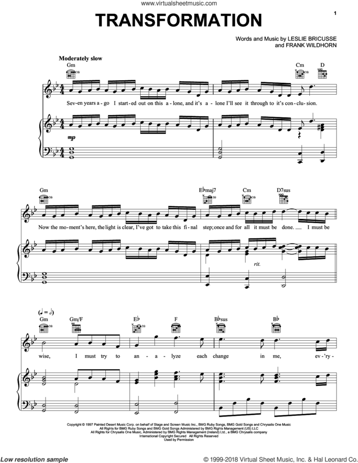 Transformation (from Jekyll and Hyde) sheet music for voice, piano or guitar by Leslie Bricusse, Frank Wildhorn and Frank Wildhorn & Leslie Bricusse, intermediate skill level