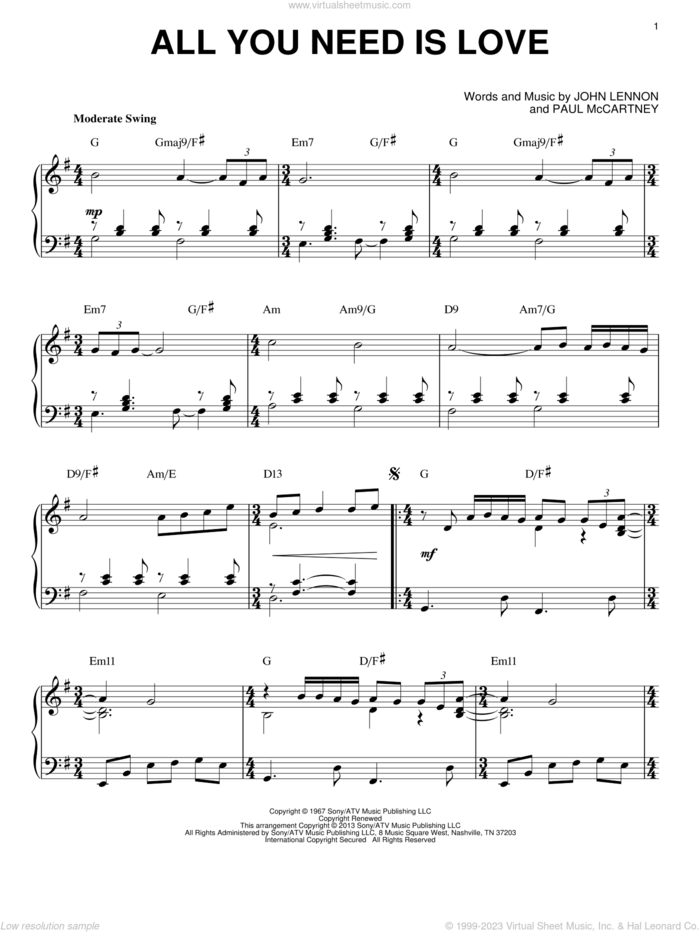 All You Need Is Love [Jazz version] (arr. Brent Edstrom) sheet music for piano solo by The Beatles, John Lennon and Paul McCartney, intermediate skill level
