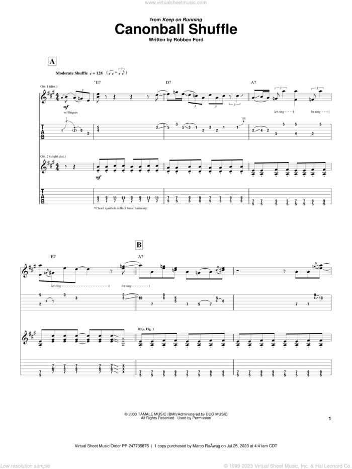 Cannonball Shuffle sheet music for guitar (tablature) by Robben Ford, intermediate skill level