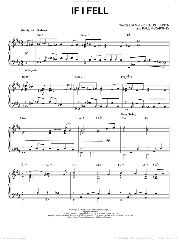 If I Fell [Jazz version] (arr. Brent Edstrom) sheet music for piano solo by The Beatles, John Lennon and Paul McCartney, intermediate skill level