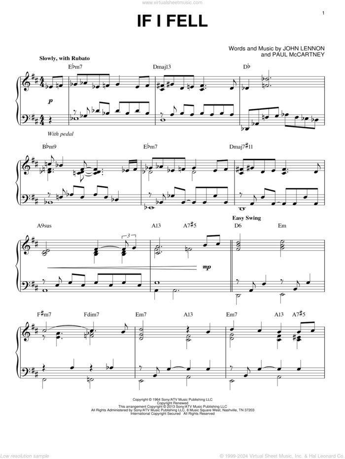 If I Fell [Jazz version] (arr. Brent Edstrom) sheet music for piano solo by The Beatles, John Lennon and Paul McCartney, intermediate skill level