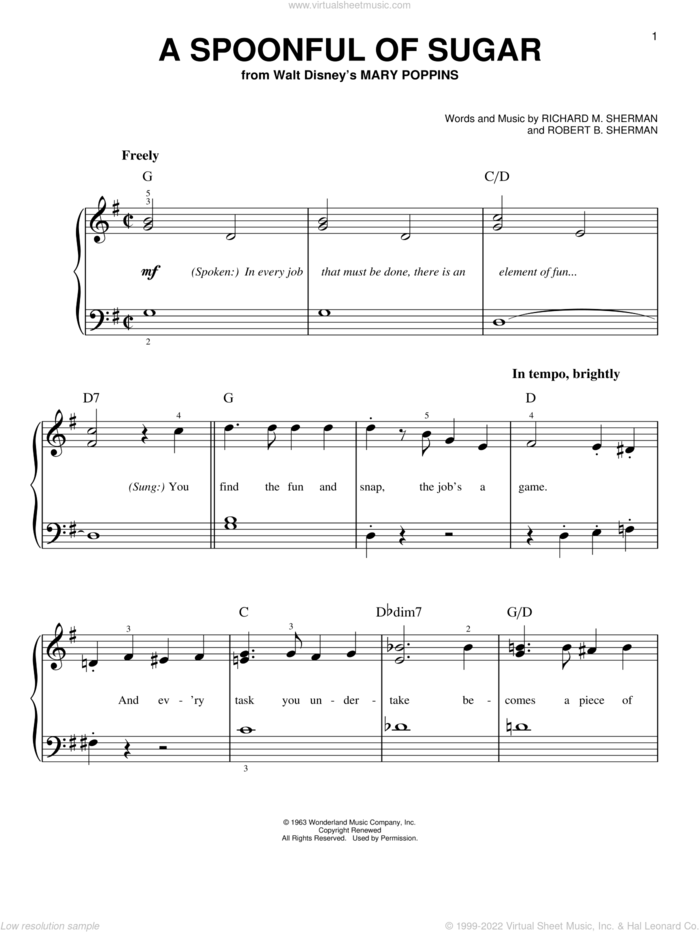 A Spoonful Of Sugar (from Mary Poppins) sheet music for piano solo by Robert B. Sherman, Sherman Brothers and Richard M. Sherman, easy skill level