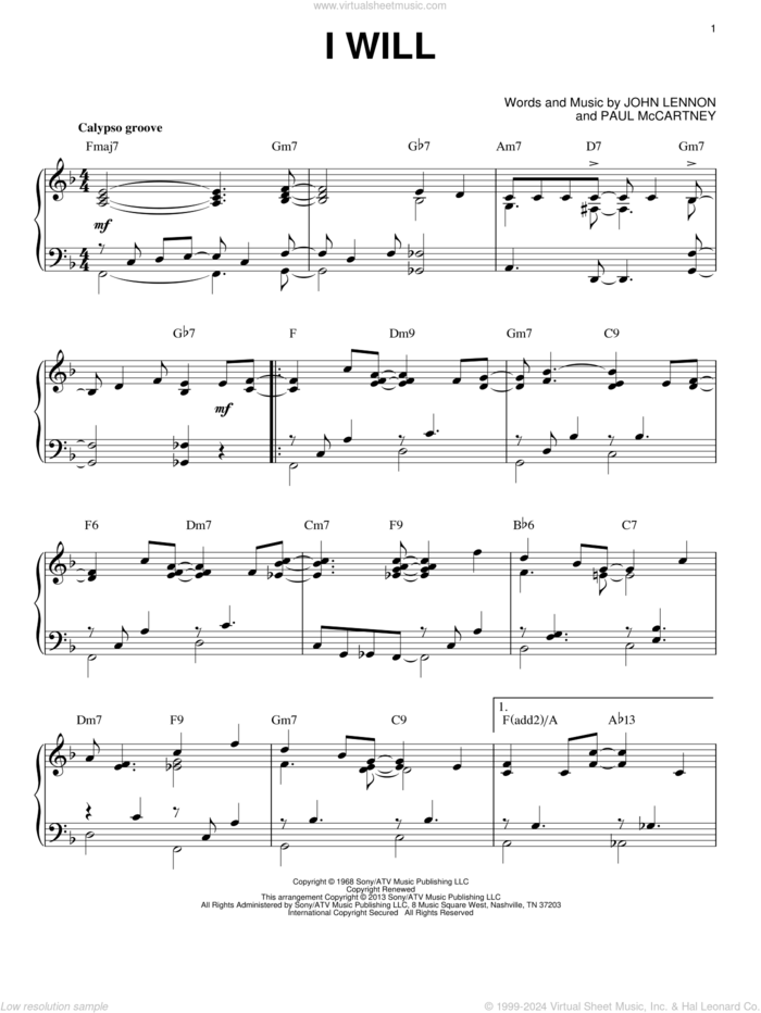 I Will [Jazz version] (arr. Brent Edstrom) sheet music for piano solo by The Beatles, John Lennon and Paul McCartney, wedding score, intermediate skill level