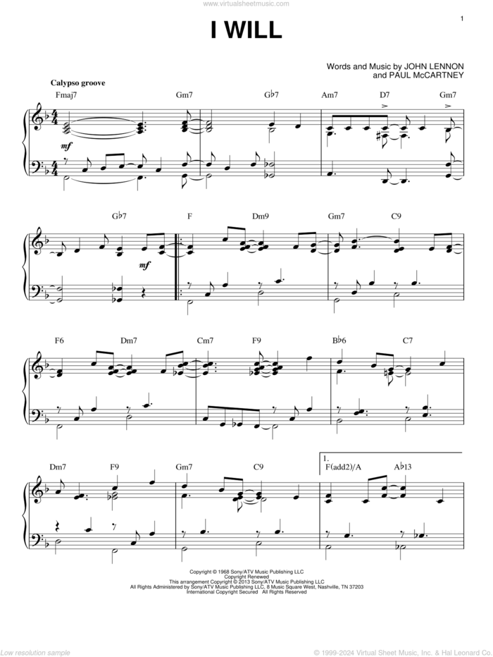 I Will [Jazz version] (arr. Brent Edstrom) sheet music for piano solo by The Beatles, John Lennon and Paul McCartney, wedding score, intermediate skill level