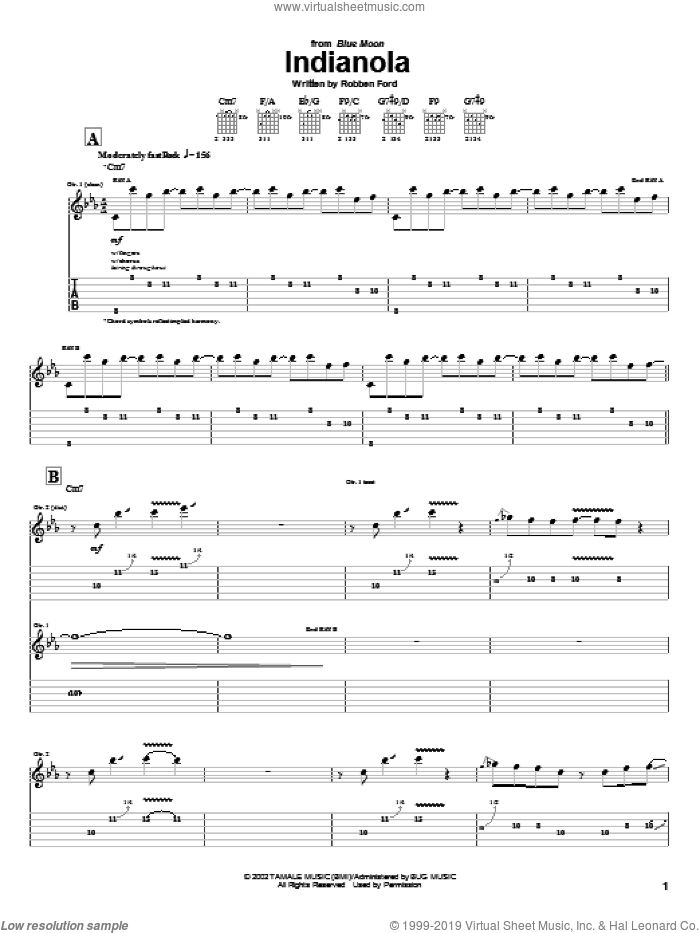Indianola sheet music for guitar (tablature) by Robben Ford, intermediate skill level