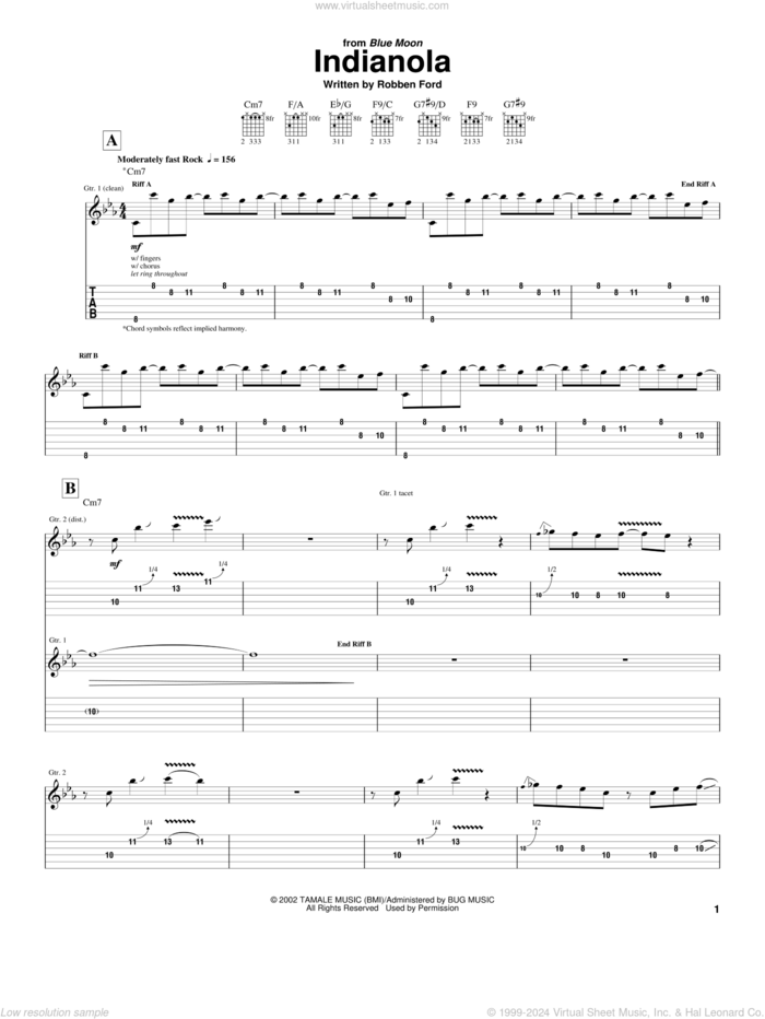 Indianola sheet music for guitar (tablature) by Robben Ford, intermediate skill level