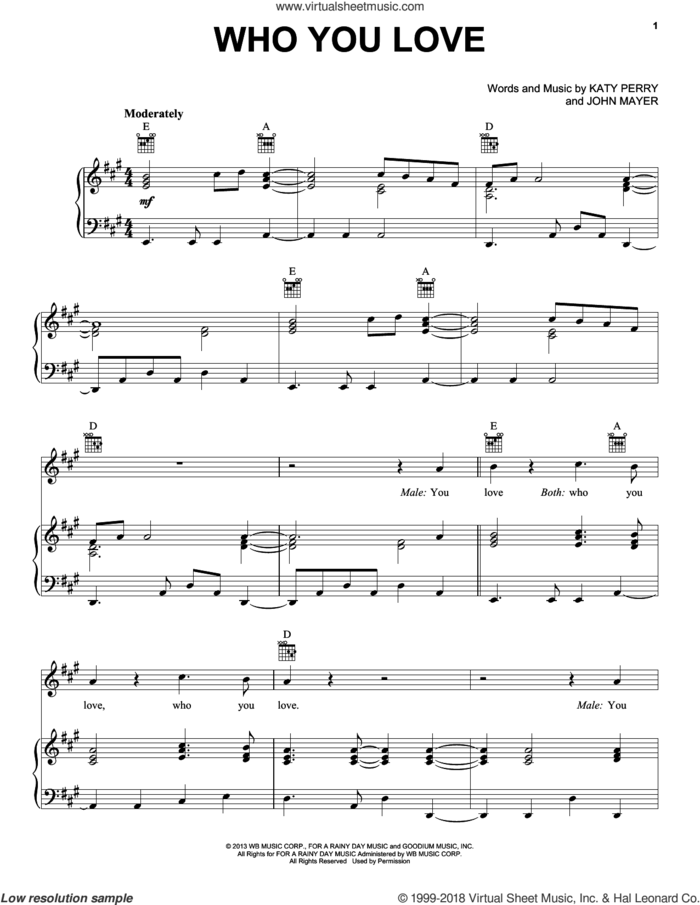 Who You Love sheet music for voice, piano or guitar by John Mayer featuring Katy Perry and John Mayer, intermediate skill level
