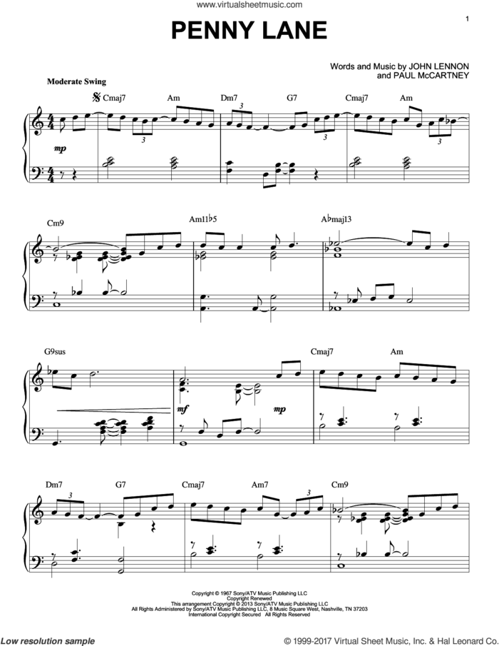 Penny Lane [Jazz version] (arr. Brent Edstrom) sheet music for piano solo by The Beatles, John Lennon and Paul McCartney, intermediate skill level