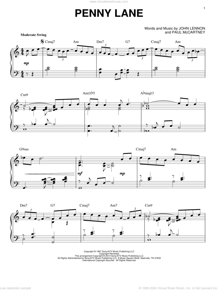 Penny Lane [Jazz version] (arr. Brent Edstrom) sheet music for piano solo by The Beatles, John Lennon and Paul McCartney, intermediate skill level