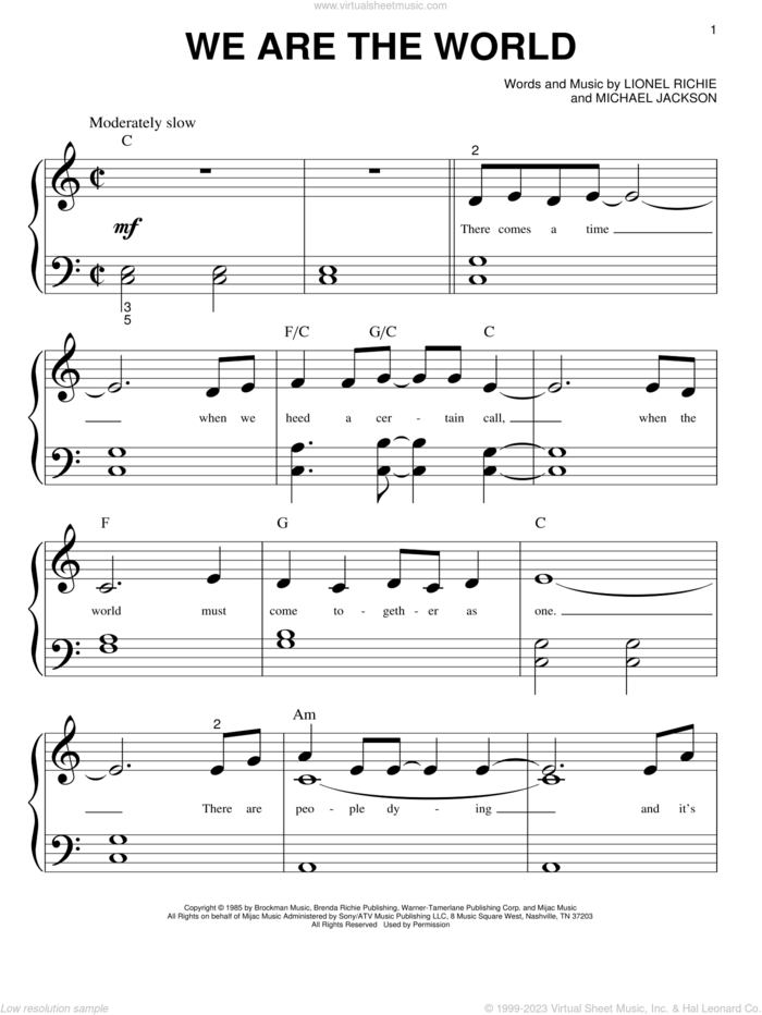 We Are The World sheet music for piano solo (big note book) by Lionel Richie and Michael Jackson, easy piano (big note book)