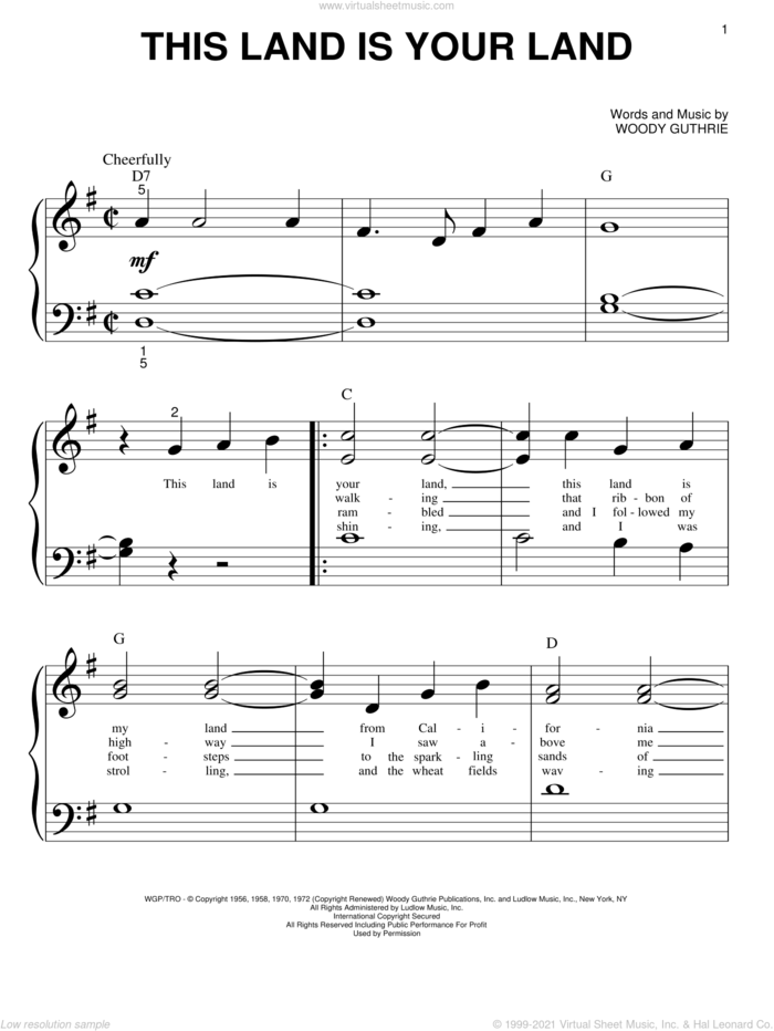 This Land Is Your Land sheet music for piano solo (big note book) by Woody & Arlo Guthrie, Peter, Paul & Mary and Woody Guthrie, easy piano (big note book)