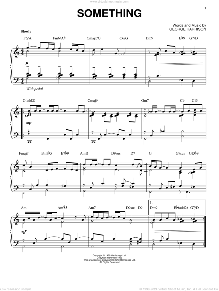 Something [Jazz version] (arr. Brent Edstrom) sheet music for piano solo by The Beatles and George Harrison, intermediate skill level