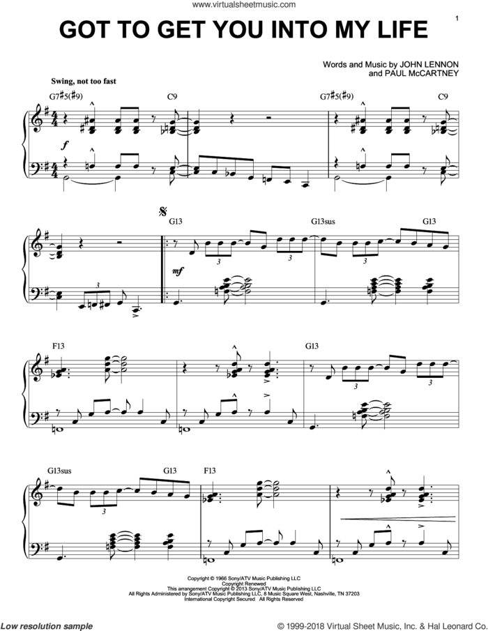 Got To Get You Into My Life [Jazz version] (arr. Brent Edstrom) sheet music for piano solo by The Beatles, John Lennon and Paul McCartney, intermediate skill level