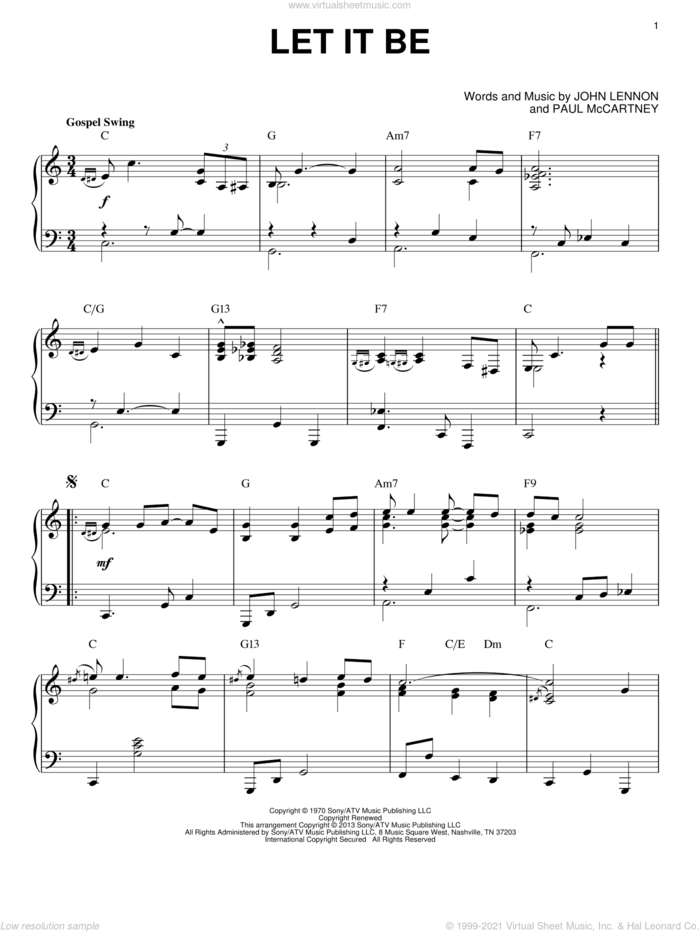 Let It Be [Jazz version] (arr. Brent Edstrom) sheet music for piano solo by The Beatles, John Lennon and Paul McCartney, intermediate skill level