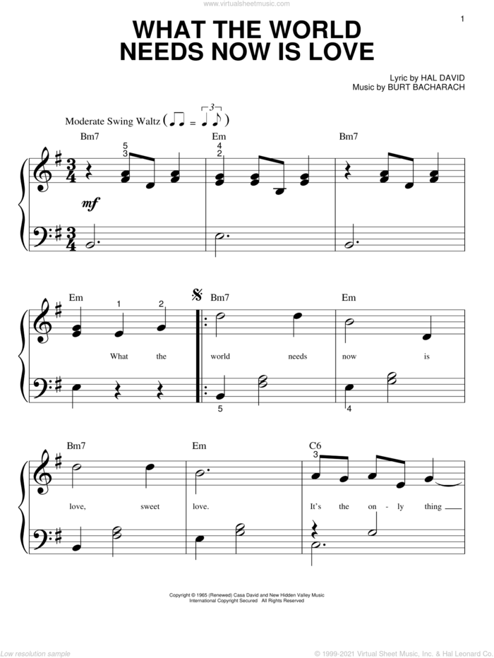What The World Needs Now Is Love sheet music for piano solo (big note book) by Burt Bacharach, Hal David and Jackie DeShannon, easy piano (big note book)