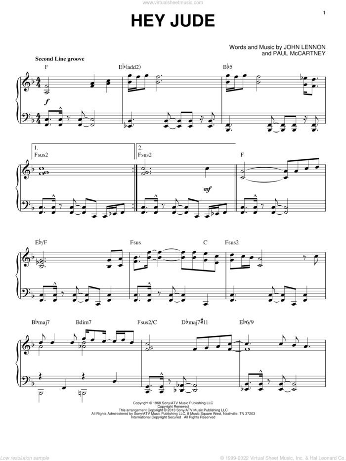 Hey Jude [Jazz version] (arr. Brent Edstrom) sheet music for piano solo by The Beatles, John Lennon and Paul McCartney, intermediate skill level
