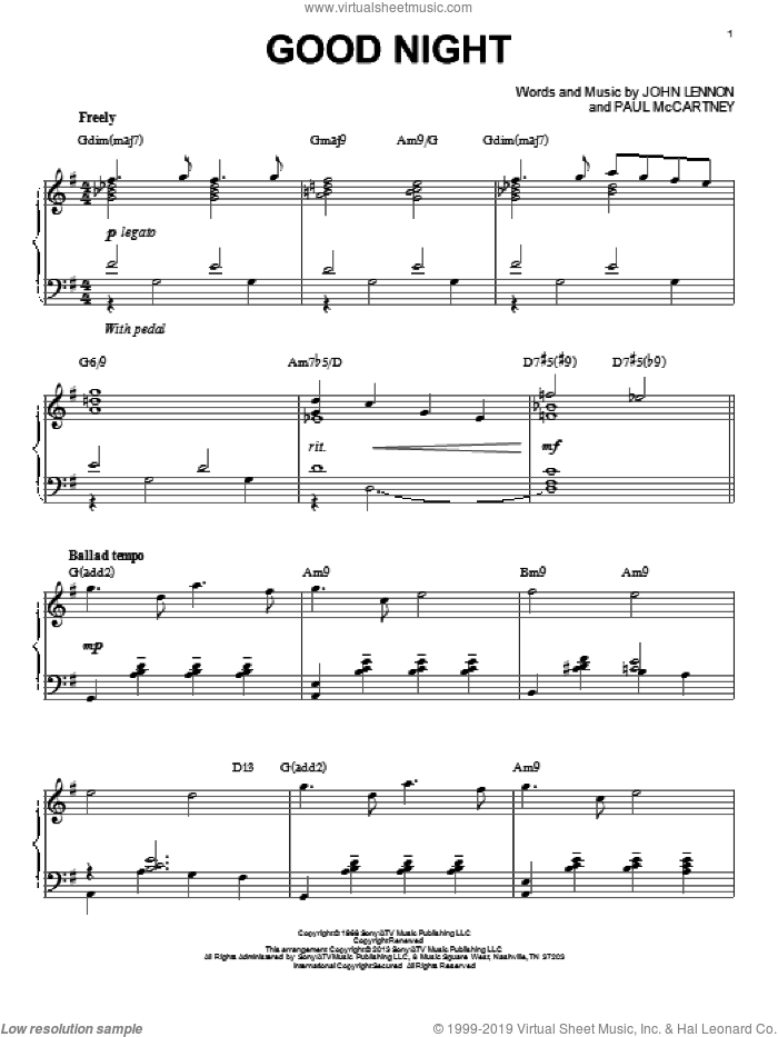 Good Night [Jazz version] (arr. Brent Edstrom) sheet music for piano solo by The Beatles, John Lennon and Paul McCartney, intermediate skill level