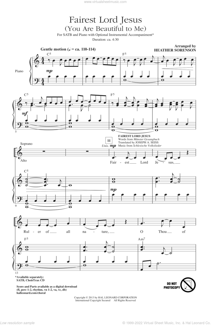 Fairest Lord Jesus (You Are Beautiful To Me) sheet music for choir (SATB: soprano, alto, tenor, bass) by Heather Sorenson, intermediate skill level