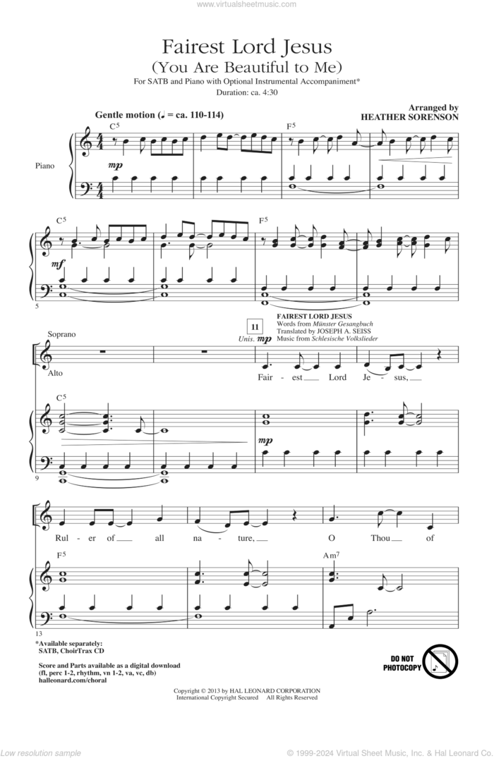 Fairest Lord Jesus (You Are Beautiful To Me) sheet music for choir (SATB: soprano, alto, tenor, bass) by Heather Sorenson, intermediate skill level