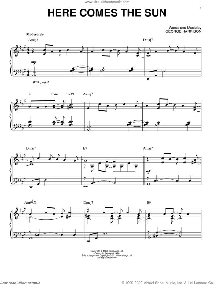 Here Comes The Sun [Jazz version] (arr. Brent Edstrom) sheet music for piano solo by The Beatles and George Harrison, intermediate skill level