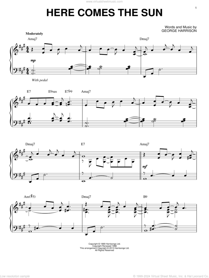 Here Comes The Sun [Jazz version] (arr. Brent Edstrom) sheet music for piano solo by The Beatles and George Harrison, intermediate skill level