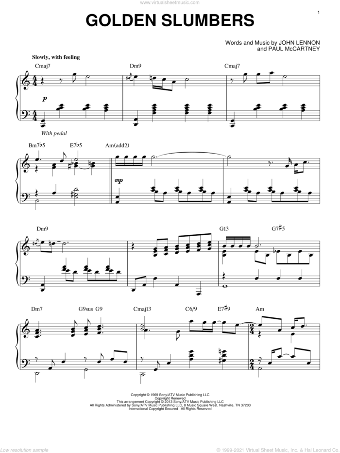 Golden Slumbers [Jazz version] (arr. Brent Edstrom) sheet music for piano solo by The Beatles, John Lennon and Paul McCartney, intermediate skill level