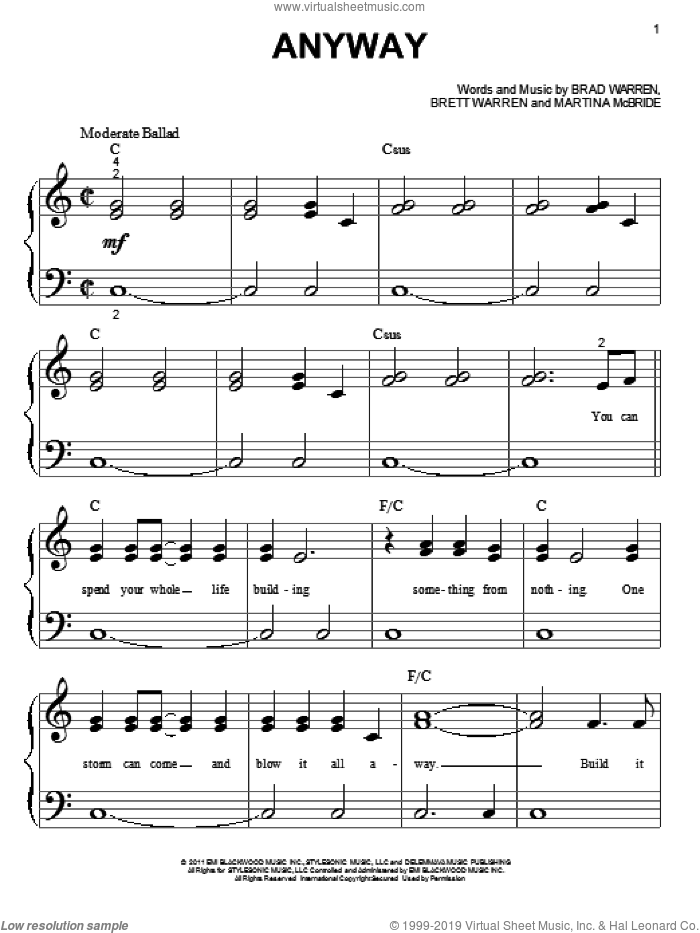 Anyway sheet music for piano solo (big note book) by Martina McBride, easy piano (big note book)