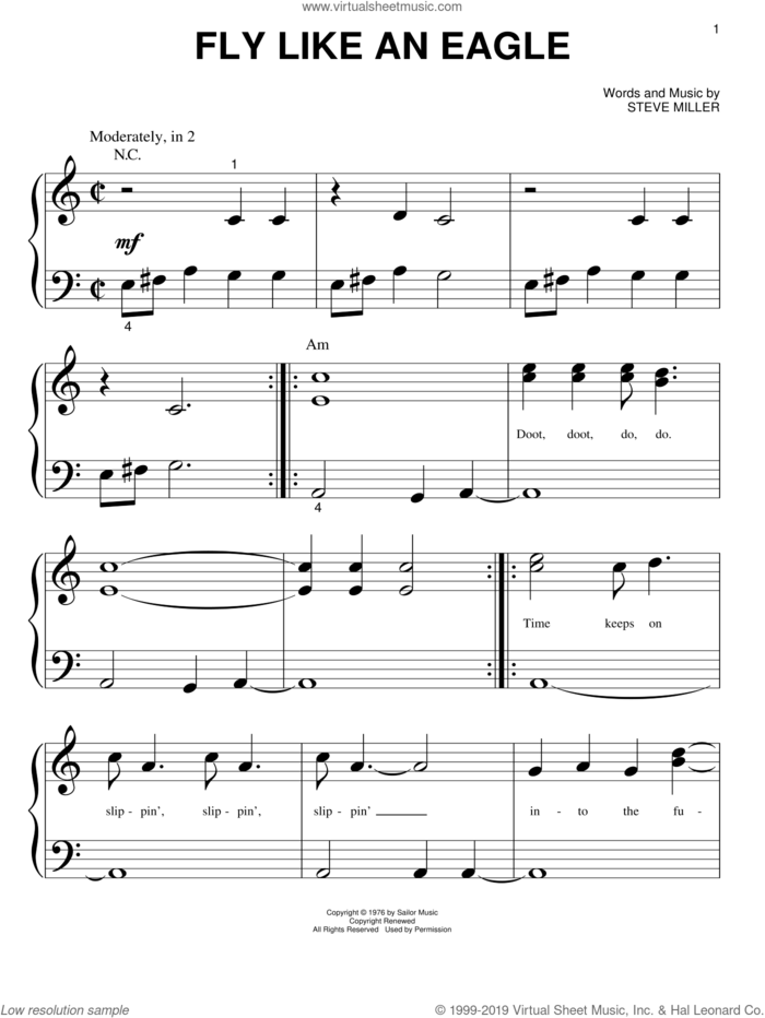 Fly Like An Eagle sheet music for piano solo (big note book) by Steve Miller Band and Steve Miller, easy piano (big note book)