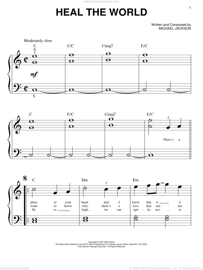 Heal The World sheet music for piano solo (big note book) by Michael Jackson, easy piano (big note book)