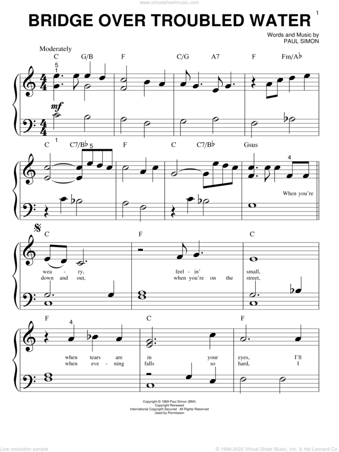 Bridge Over Troubled Water sheet music for piano solo (big note book) by Simon & Garfunkel, wedding score, easy piano (big note book)