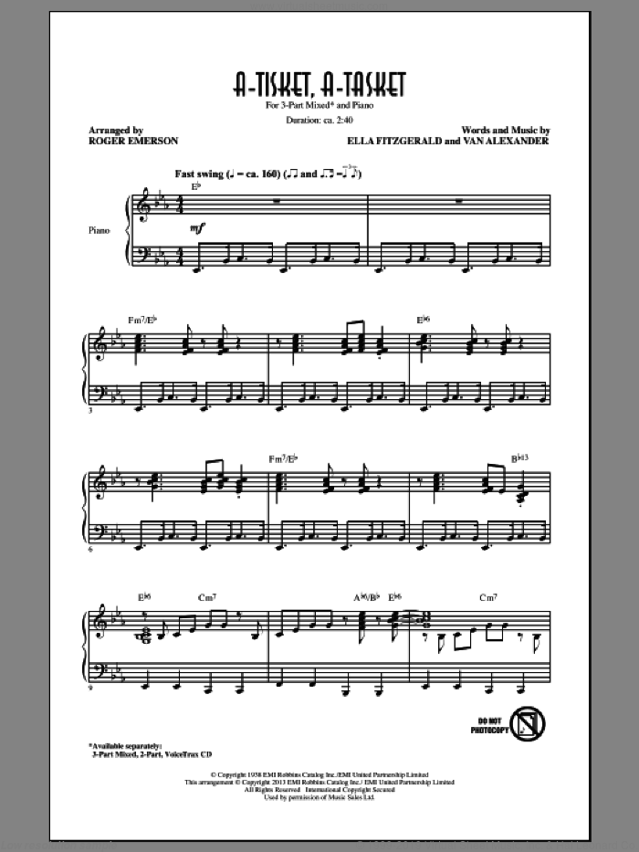 A-Tisket, A-Tasket sheet music for choir (3-Part Mixed) by Roger Emerson and Ella Fitzgerald, intermediate skill level