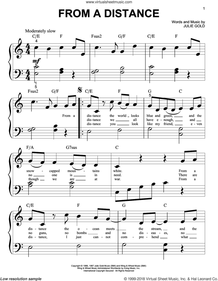From A Distance sheet music for piano solo (big note book) by Bette Midler and Julie Gold, easy piano (big note book)
