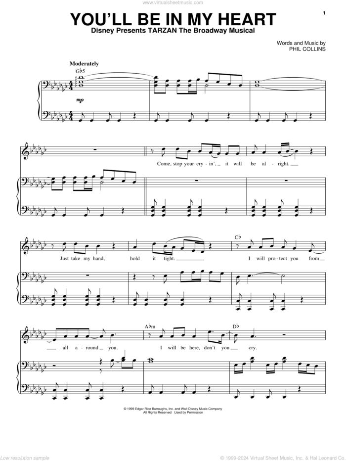 You'll Be In My Heart (from Tarzan: The Broadway Musical) sheet music for voice and piano by Phil Collins, intermediate skill level