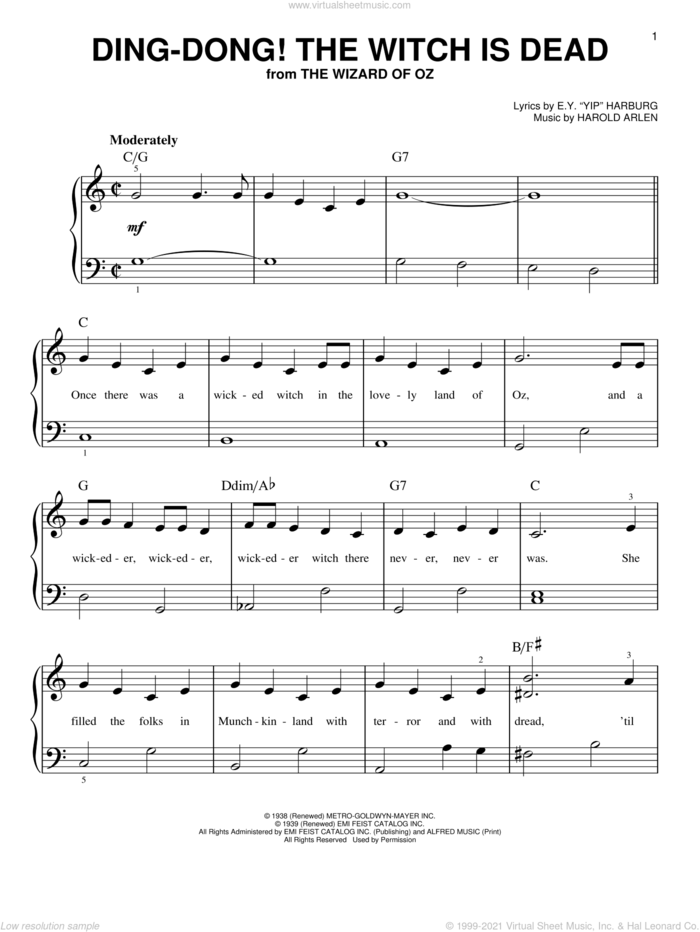 Ding-Dong! The Witch Is Dead sheet music for piano solo by Harold Arlen and E.Y. Harburg, beginner skill level